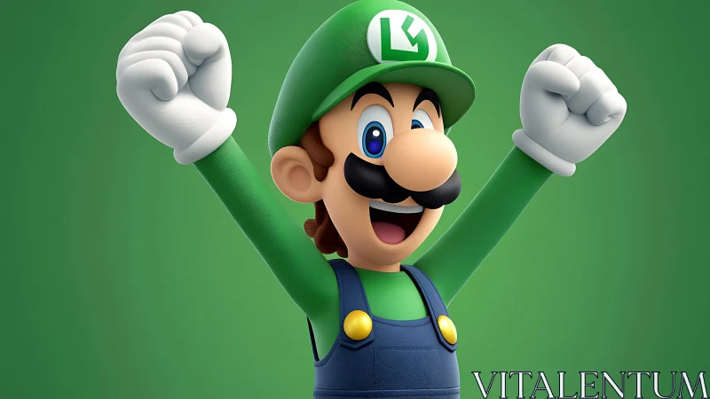Triumphant green-clad game character in stylized 3D render.
