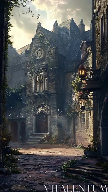 Old stone clocktower courtyard with ivy and soft light.