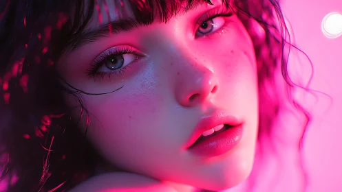 Close portrait of stylized young face in pink neon light.