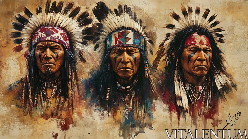 Painted elders in feathered crowns guard a quiet desert sky.