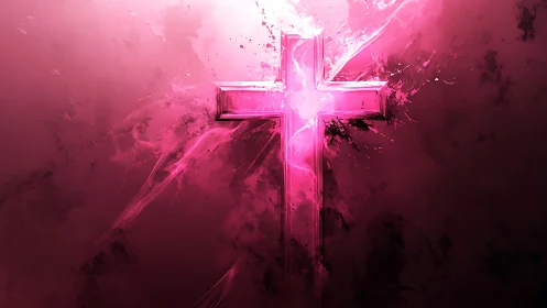 Luminous pink cross burns through dark abstract background