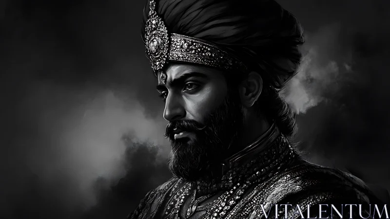 Regal bearded ruler in ornate crown and flowing turban.