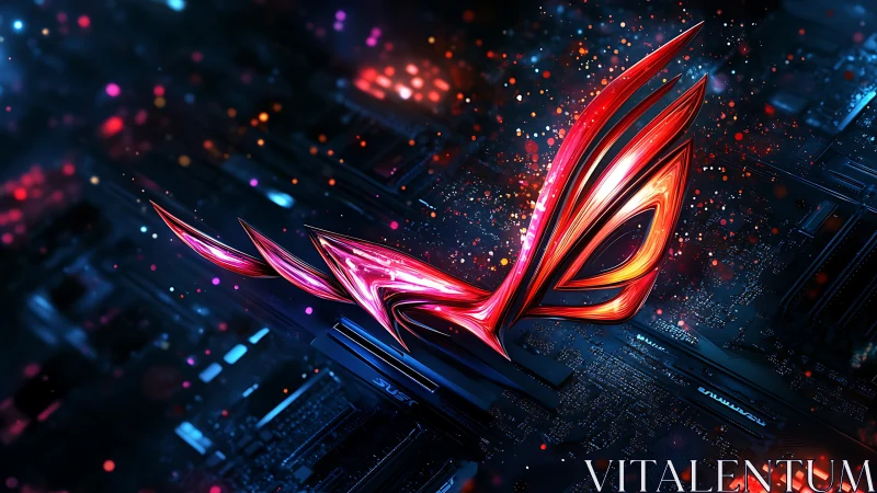 Neon red ROG emblem arcs over circuitry in cyberpunk glow