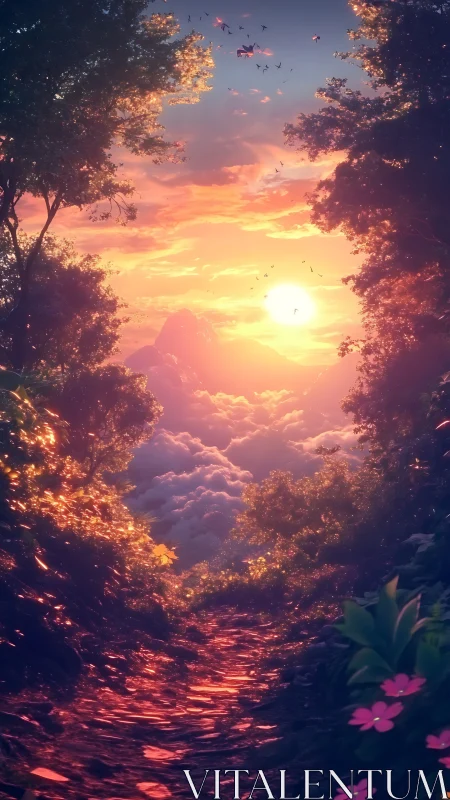 Backlit forest path opening toward volumetric sunset cloudscape