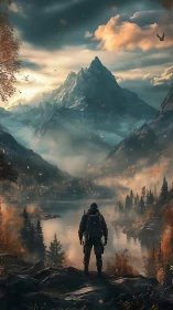 Solitary hiker surveys misty alpine lake beneath dramatic peak