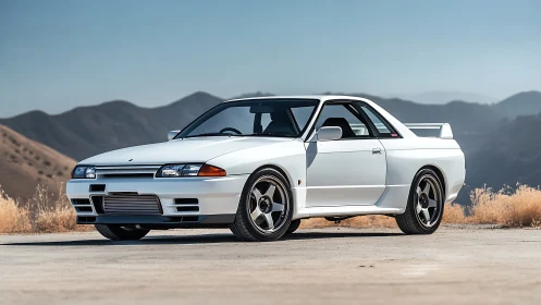 White R32 sports coupe in sunlit desert mountain backdrop.