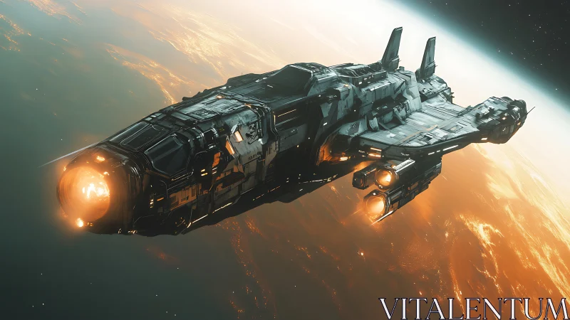 Heavily armed starship cruising in low planetary orbit.