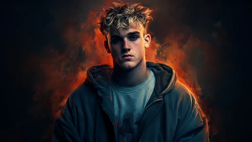 Brooding young man framed by vivid fiery backlight glow