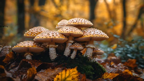 Cluster of forest mushrooms on moss in autumn light.