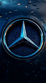 Photorealistic chrome automotive emblem with water droplets.