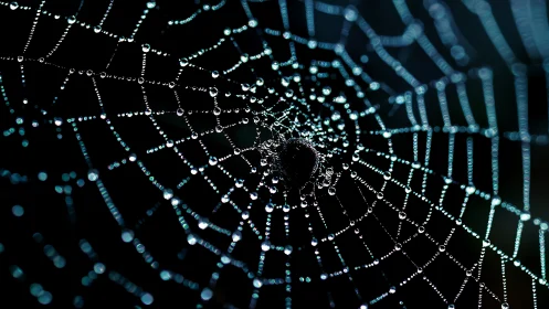 Glistening dew kissed spiderweb sparkling in the dark.