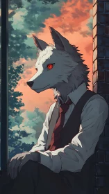 Anthropomorphic wolf executive in sunset anime portrait.