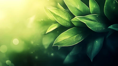 Sunlit green leaves glow against soft blurred bokeh background