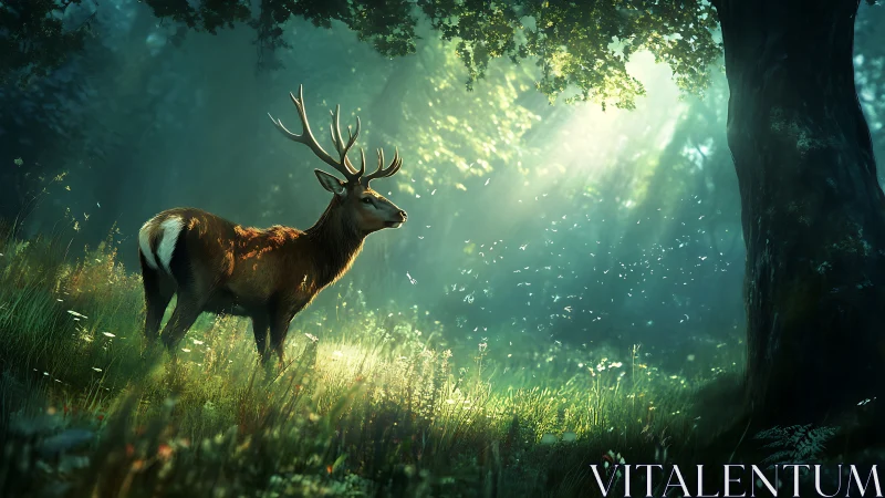 Backlit stag in volumetric forest light with high-detail foliage