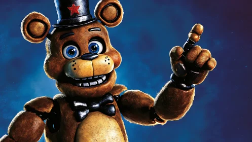 Cheerful animatronic bear raises a playful guiding finger