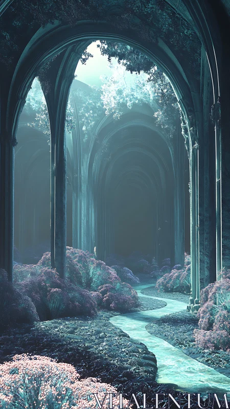 Luminous river winds through ethereal cathedral forest hall.
