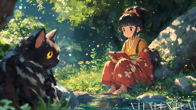 Girl in kimono reads beside forest stream with watchful cat