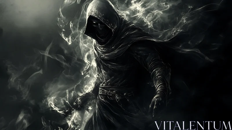 Hooded robed figure in swirling monochrome smoke field.
