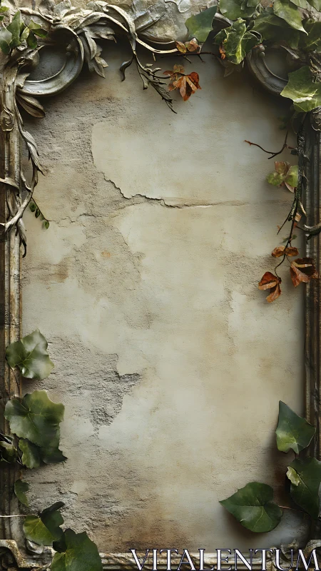 Weathered stone frame wrapped in quiet trailing ivy leaves.