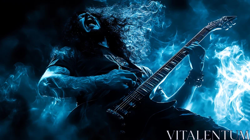 Electric blue metal guitarist isolated in dramatic backlight