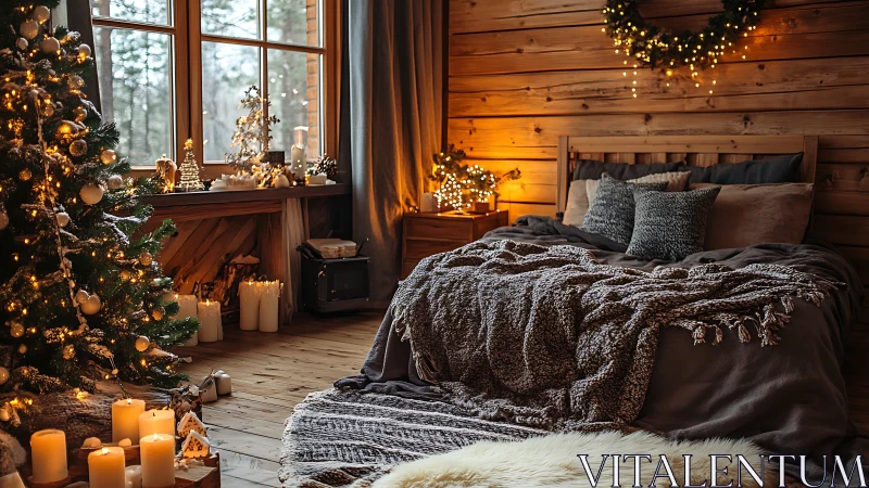 Cozy winter cabin bedroom glowing with gentle holiday lights.