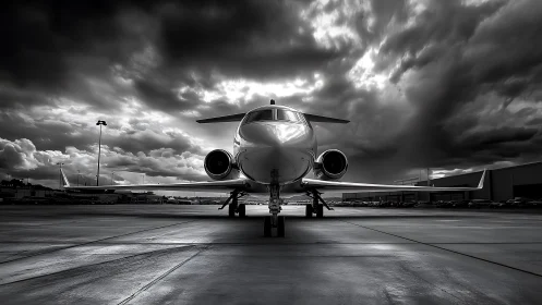 Storm-lit private jet poised on dramatic runway tarmac.