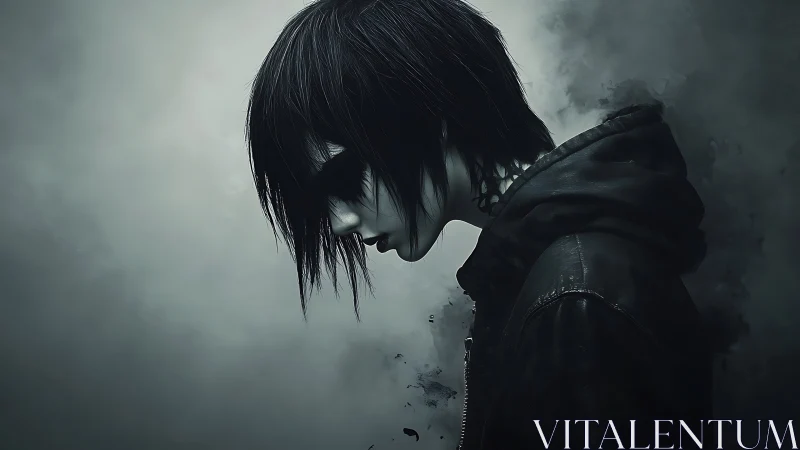 Moody side-profile portrait in monochrome vapor haze.