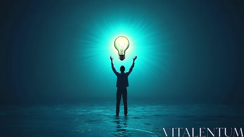 Silhouette holds glowing lightbulb against teal radiant backdrop