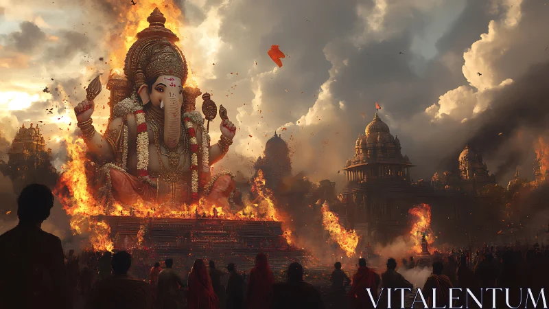 Ganesha statue amid temple fire and dense gathering crowd.