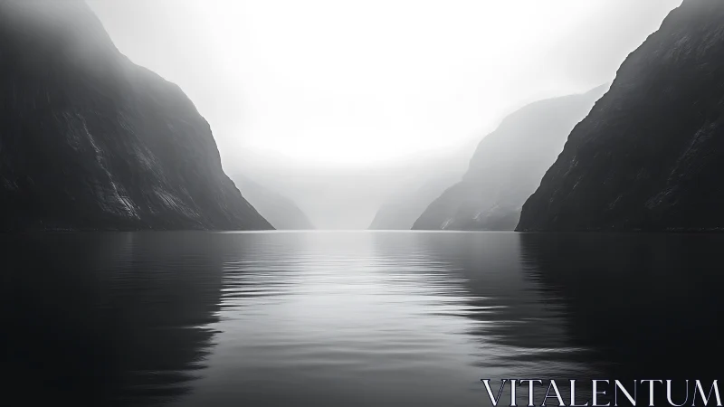 Silent misty fjord with mirrored water and towering cliffs.