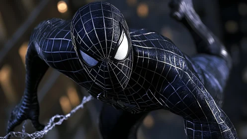 Black-suited Spider-Man in dramatic action, cinematic lighting style.
