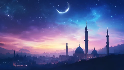 Digital painting of crescent moon above twilight mosque skyline.