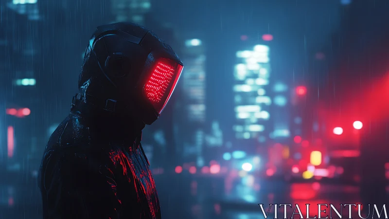 Hooded figure with LED helmet in rainy urban street scene.