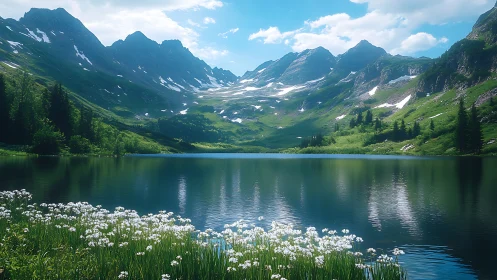 Gentle alpine lake cradled by bright green summer peaks.