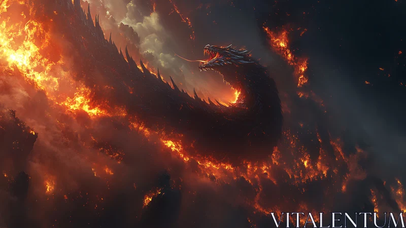 Serpentine fire dragon coils through volcanic clouds with incandescent embers