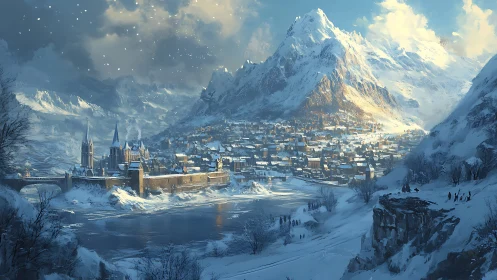 Snowbound alpine cityscape rendered in luminous digital painting