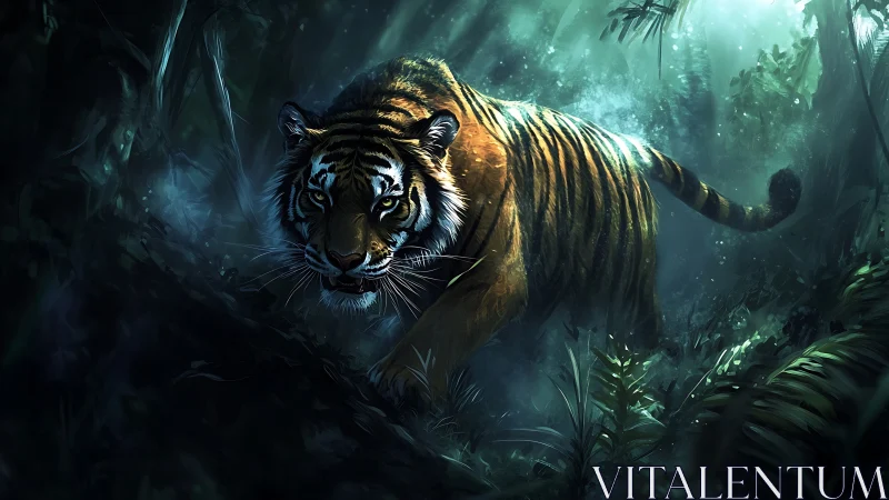 Tiger moves through dense rainforest under diffuse backlight