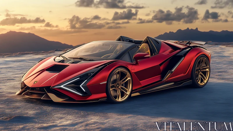 Carbon-red hypercar slices sunset-lit salt flats cleanly.