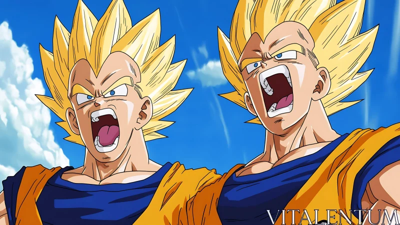 Golden haired anime warriors charge under blue sky.