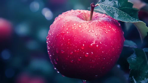 Macro study of dew-covered red apple with cool bokeh tones.