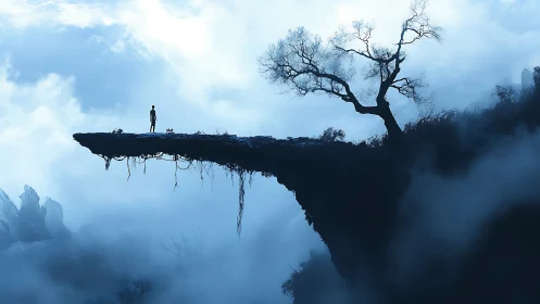 Solitary figure on fogbound cliff ledge with barren tree silhouette