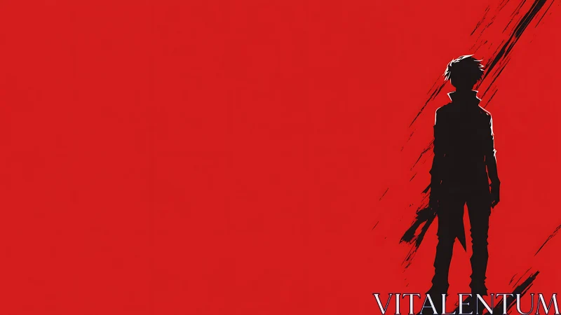 Silhouetted figure on red field with diagonal black streaks.