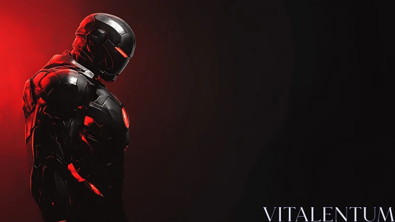 Armored cyber warrior broods in red neon darkness