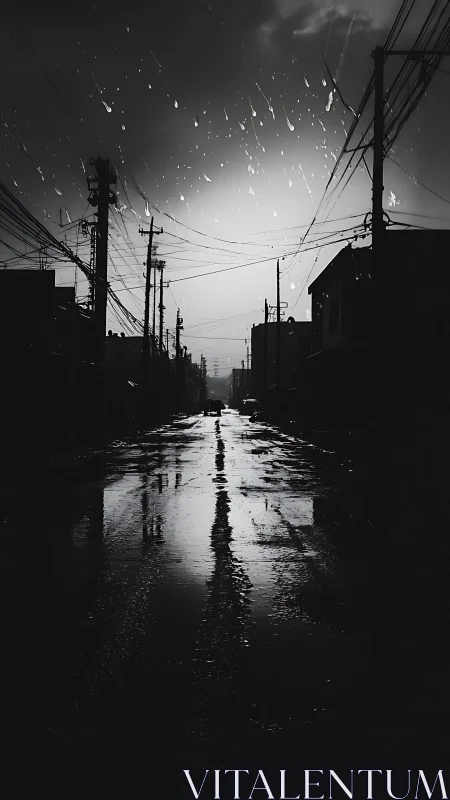 Monochrome wet street perspective with overhead cable gridscape.