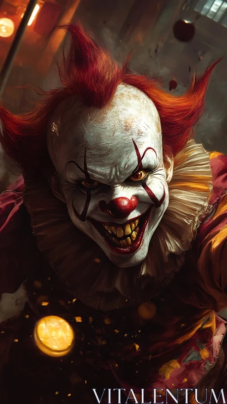 Sinister circus clown leans close with a wicked golden grin.