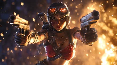 Gritty heroine blazing through sparks and golden firelight.