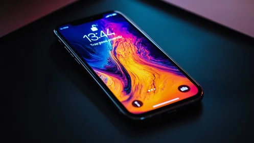 iPhone with Vibrant Fluid Art Wallpaper Display.