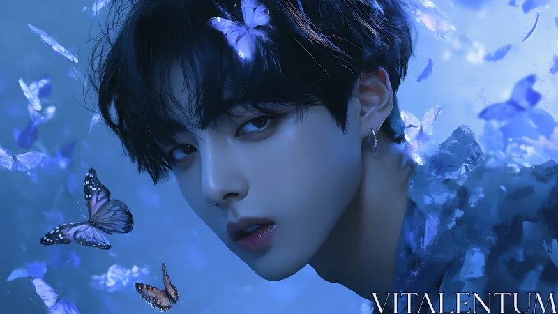 Blue toned digital portrait of youth with butterflies.