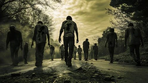 Zombie horde walks down deserted road at dusk.