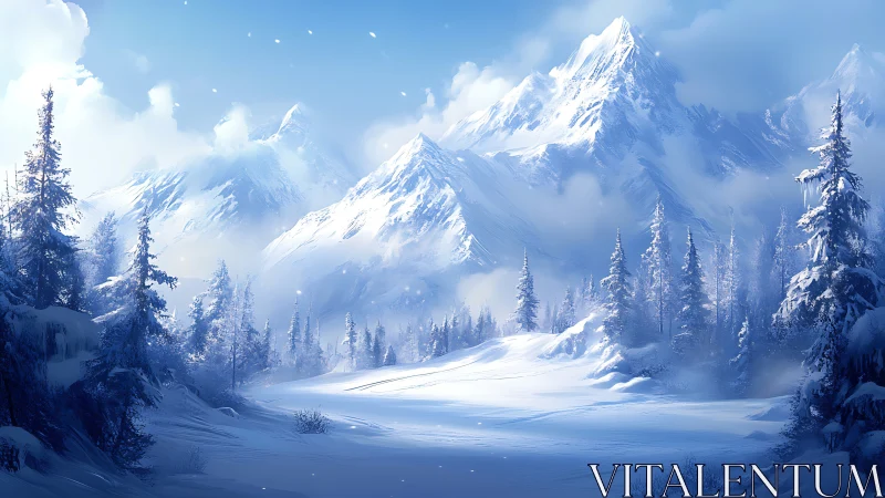 Snow covered conifer forest before distant alpine peaks.